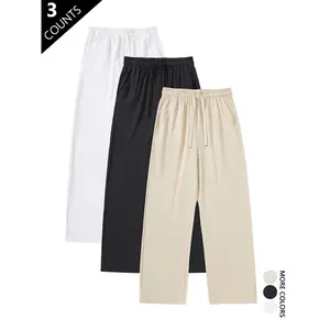 summervibes3-pack pure cotton pants with a linen feel—street-style drawstring athletic pants that are comfortable, breathable, loose, and versatile for travel and casual wear; suitable for everyday wear and parties.