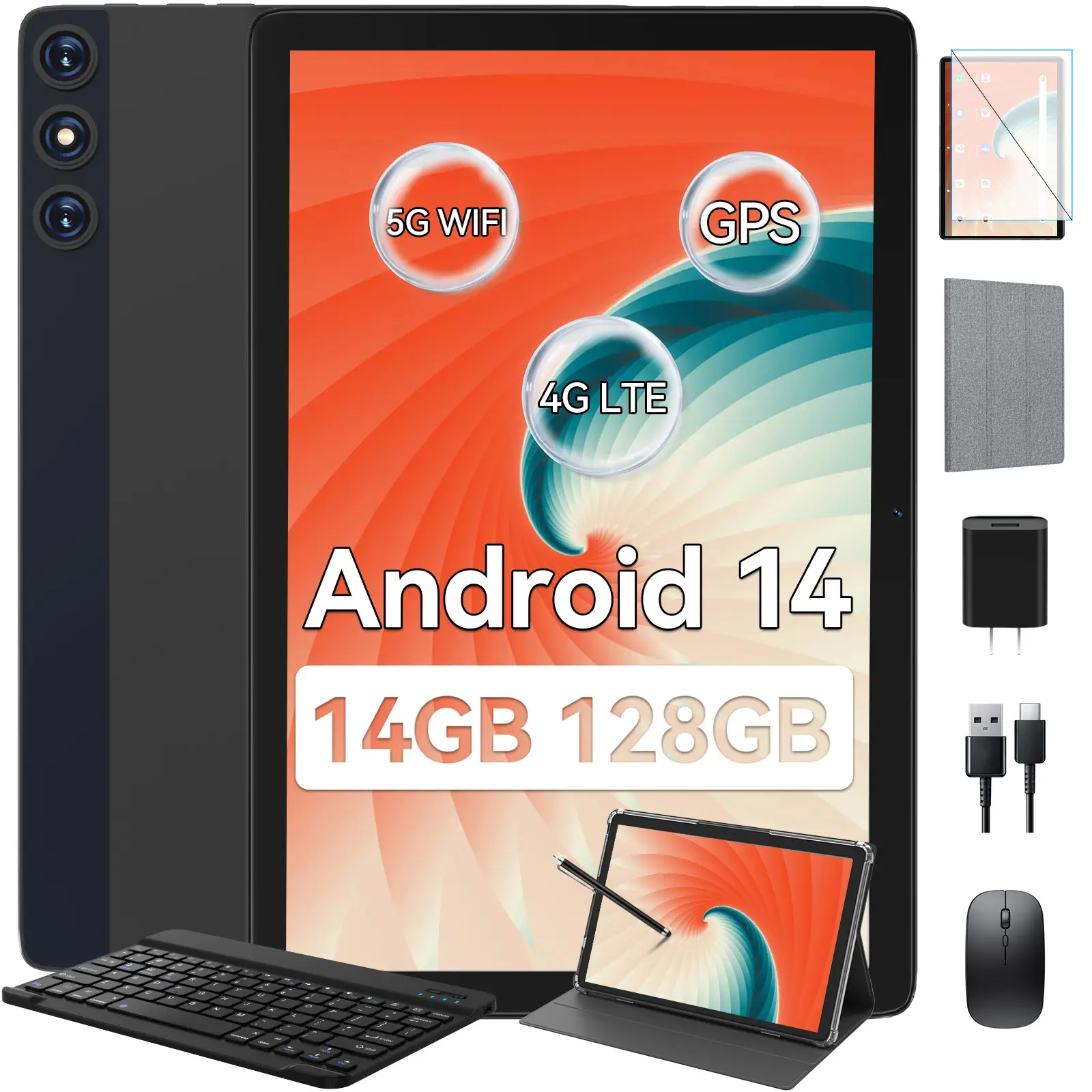 Android 14 Tablet, 128GB+14(8+6 Expand)GB, 10 inch 4G Phone, 5G WIFI+Cellular, Octa-Core, Dual Sim Card Slot, 13MP Camera,GPS,1TB Expand,1920*1200 FHD