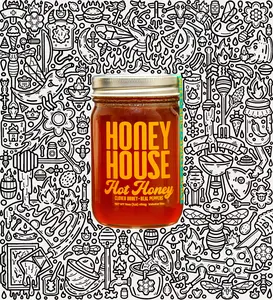 Honey House Hot Honey: 100% Raw, Pure & Unfiltered American Clover Honey with a KICK!  All-NATURAL ingredients, NO seed oils, NO additives - just premium honey from American Bee Farmers with perfect spicy heat. Sweet