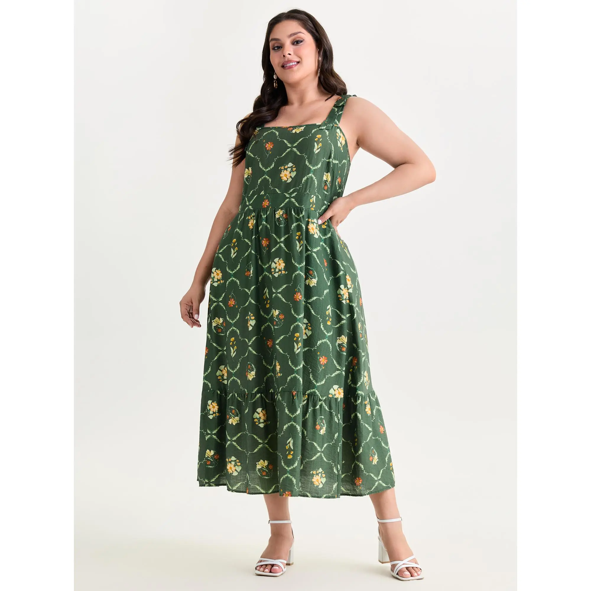 BloomChic Women's Plus Size Romantic Floral Midi Dress, Smooth Rayon Nylon Lady's Garment with a Smocked Bodice, Shoulder Ties and Hidden Pocket, Sleeve, Fabric, Casual, Women's Clothes, Plus Size Dresses, Low Iron, Curvy Clothing, Curvy Dresses Plus Size