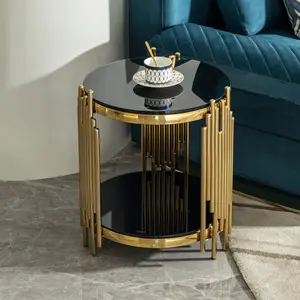 Double Layer Black Tempered Glass Top Side Table  Corner Table  Gold Stainless Steel Round Side Table for living room