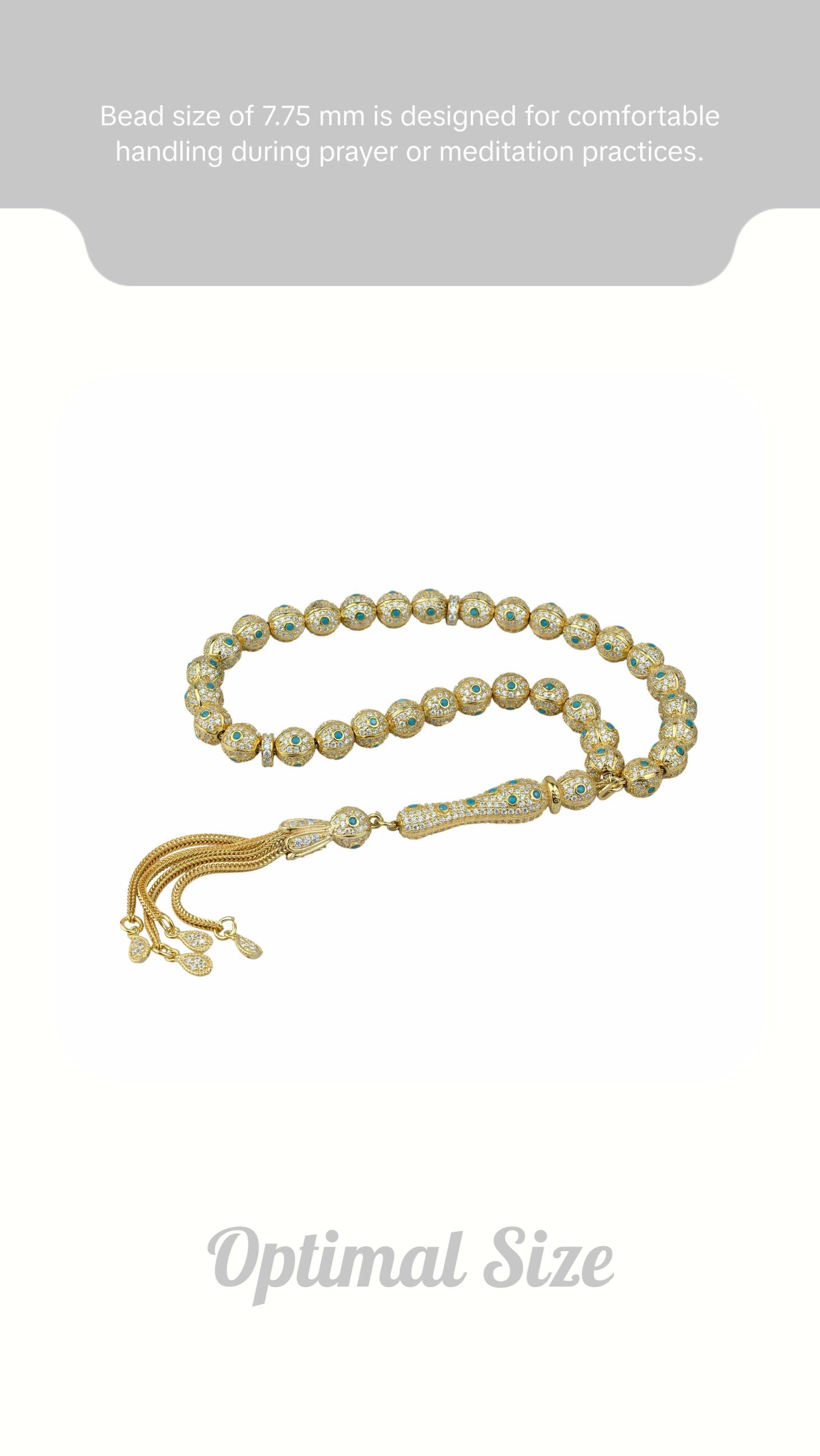 Gold Plated Sterling Silver Turquoise Zirconia Tasbih Muslim Prayer Round Worry Beads