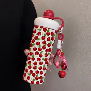 600ML Cherry Pendant Insulated Water Bottle with Leaf Design, Stainless Steel Travel Mug for Hot and Cold Drinks, Perfect Gift for Outdoor Adventures and Daily Use