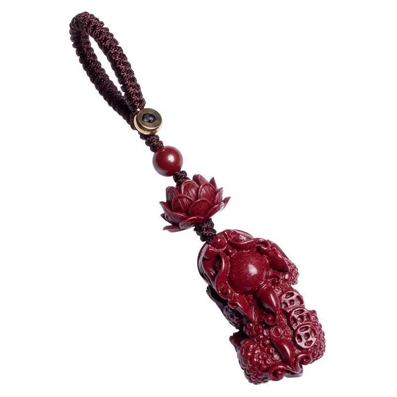 Cinnabar Lotus Pixiu Keychain: Organic Gemstone Charm for Bags & Keys | Chinese Amulet Pendant
