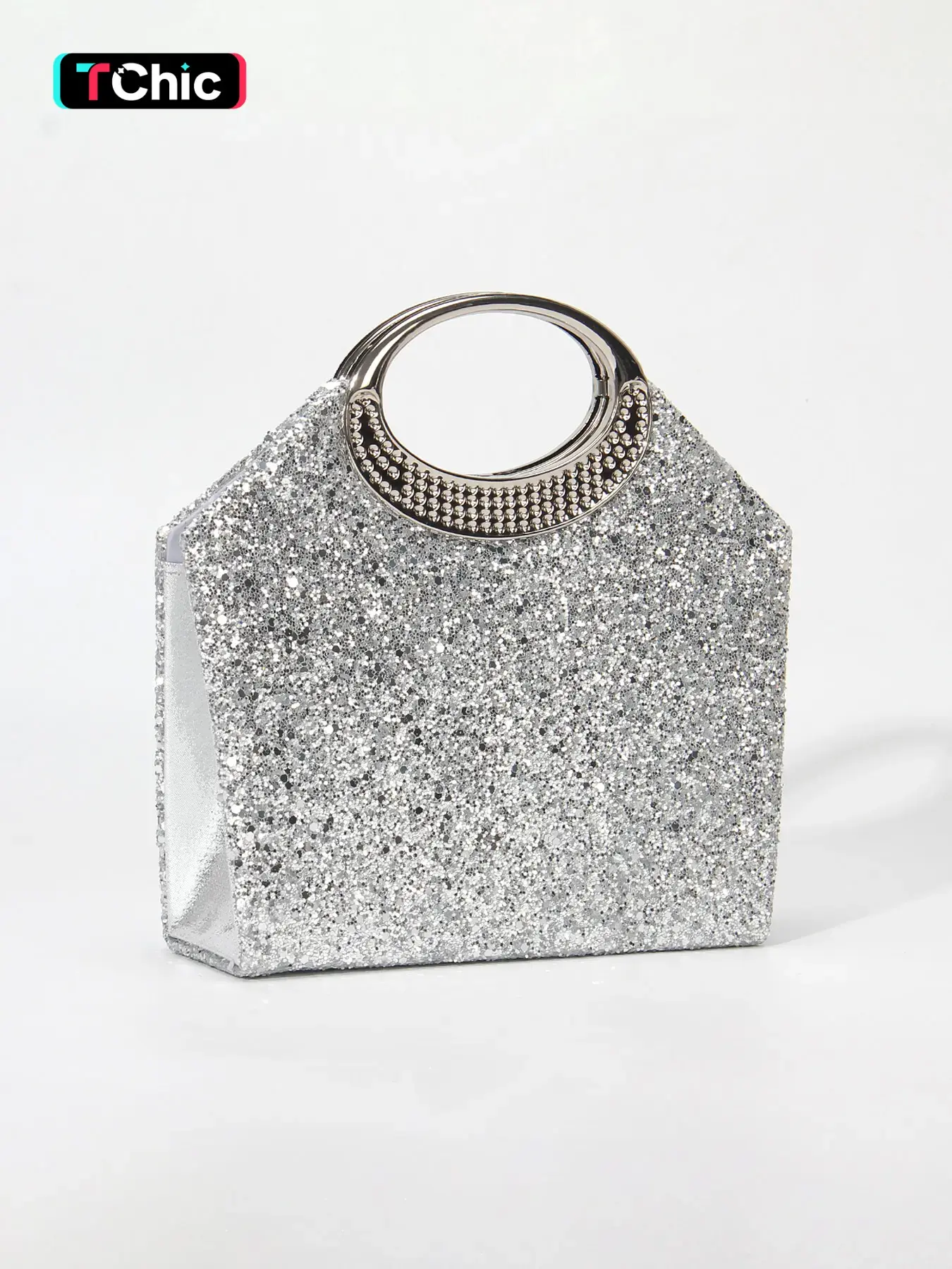 Silver Glitter Clutch, Envelope Clutch, Formal Clutch, Fashionable Embellished Clutch, Women's Evening Party Handbag, Detachable Chain Shoulder Bag, Metal Ring Handle, Magnetic Closure, Perfect for Parties, Weddings, Proms, Birthdays, and Holiday Gifts