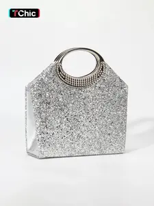 Silver Glitter Clutch, Envelope Clutch, Women's Evening Party Handbag, Detachable Chain Shoulder Bag, Metal Ring Handle, Magnetic Closure, Perfect for Parties, Weddings, Proms, Birthdays, and Holiday Gifts
