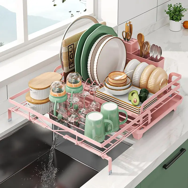 Expandable Dish Rack, 2-in-1 Dish Drying Rack, Dish Drying Organiser, Space Saving Large Storage Capacity Over Sink Dish Drainer, Kitchen Accessories, Dish Drying Organizer