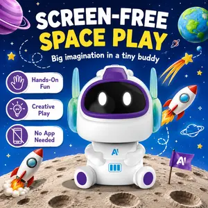 Interactive Electronic Robot Toy with LED Screen Face Display, White and Purple Plastic Body with Voice Speaker Microphone, Desktop STEM Learning Figure for Boys Girls Smart Multi-Mode Vacuum Cleaner