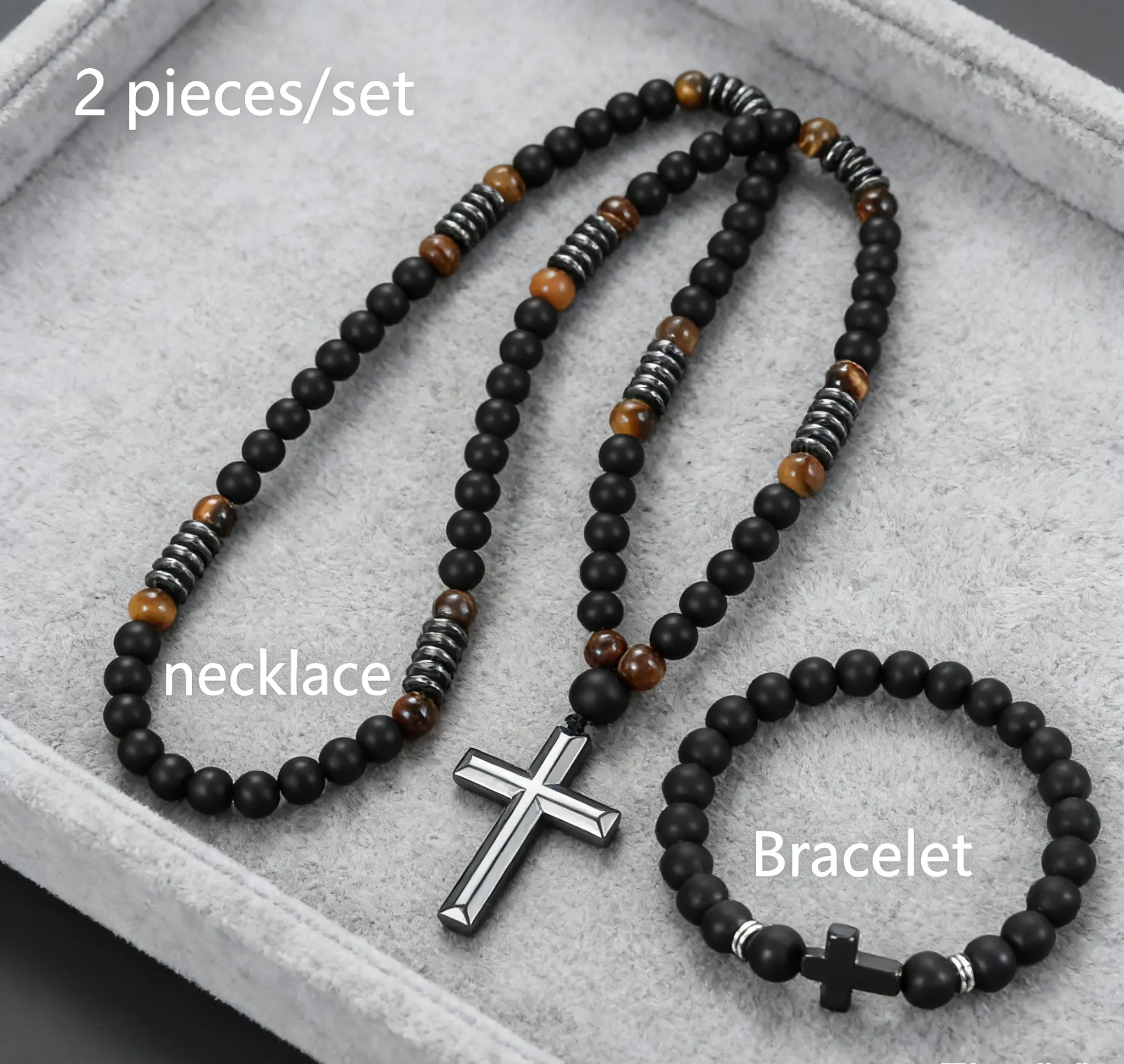 2Pcs Men Cross Jewelry Set, Natural Stone & Hematite Beaded Necklace Bracelet Combo, 8MM Matte Round Beads with Tiger Eye Stone Decor, Necklace Total Length 70cm, Bracelet Circumference 20cm,