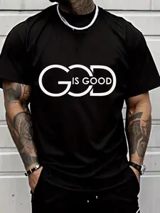 Men's Casual Streetwear Geometric Pattern Polyester Short Sleeve T-Shirt, Breathable Knit Fabric, Slogan Print, All Seasons Wear, Fitted Style