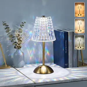 Vintage Luxury Diamond Cut Crystal Table Lamp - 5000mAh Rechargeable Cordless, Touch Control, 3 Color Temperatures, Dimmable, Matte Brass Aluminum, for Bedroom, Bar, Kitchen, Outdoor Camping, Home & Commercial Decor - Perfect Housewarming Gift for Aesthet
