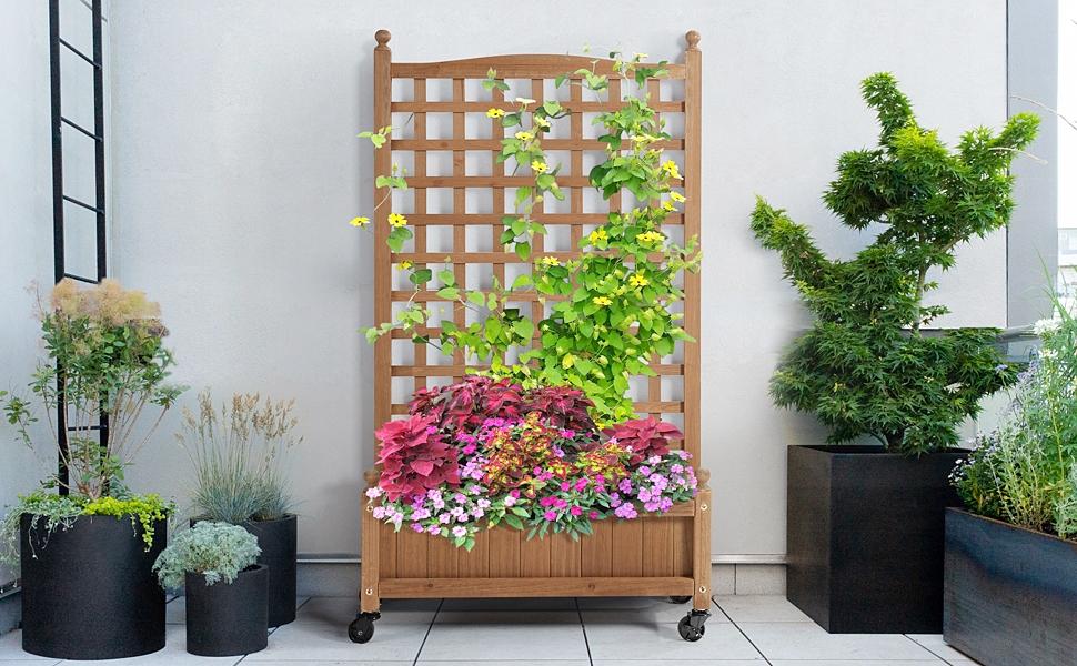 【4 Universal Castors】Yaheetech 75/50" H Horticulture Garden Planter with Trellis for Vine Climbing Plants Garden Box Outdoor w/Drainage Holes Raised Garden Bed Garden Planter Box for Flowers