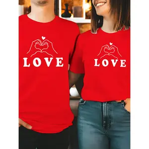 His & Hers Matching Love Heart Graphic T-Shirts - Soft Stretch Fabric, Casual Crew Neck Short Sleeve Tees for Couples, Summer Fashion Matching Outfits