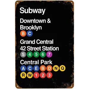New York City Subway Downtown & Brooklyn Grand Central 42 Street Station Park Vintage Metal Sign, Retro Tin Signs Posters for Man Cave Bar Garage Car Room Streets Wall Decor Art 8 x 12 Inch