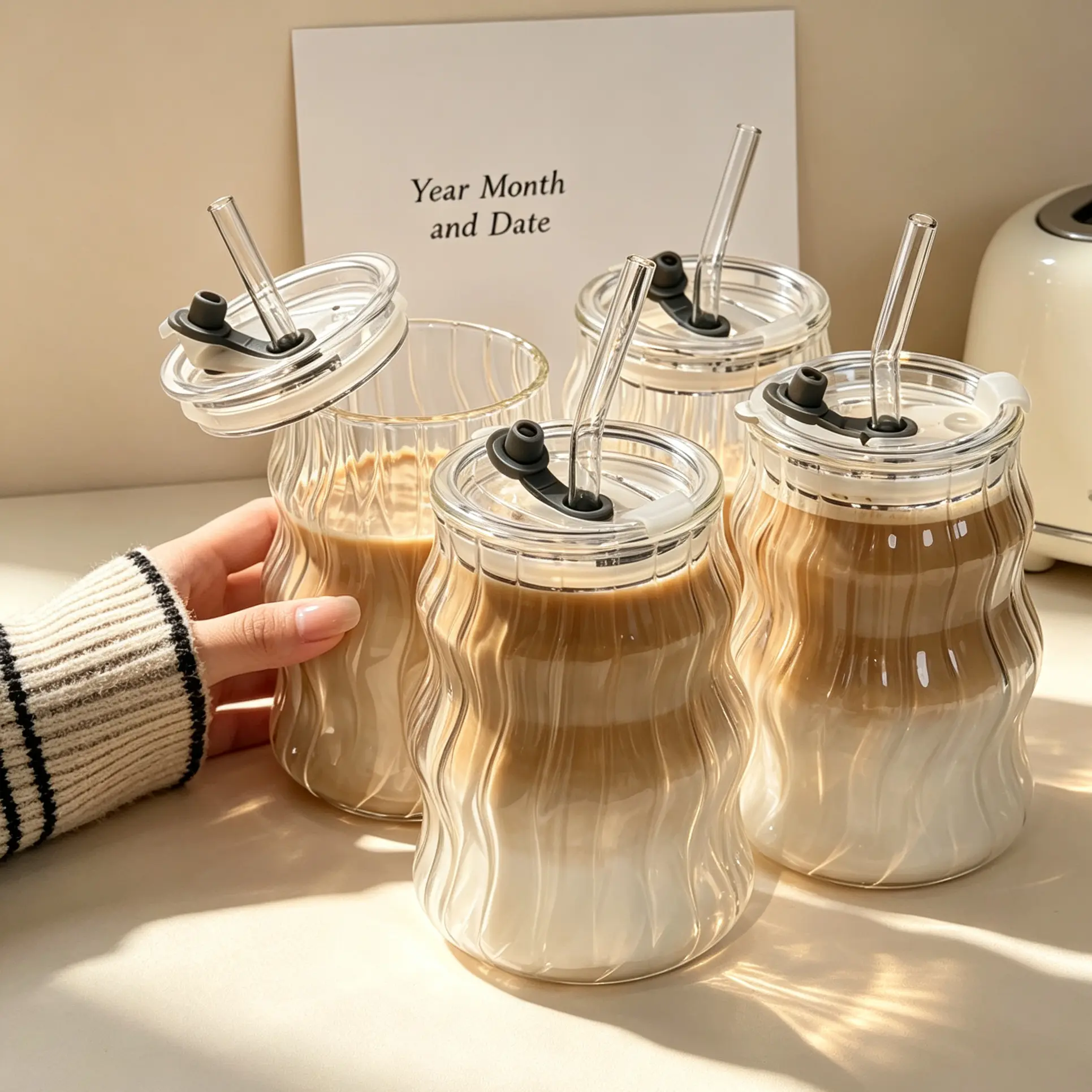 Aesthetic Ribbed Wave Glass Cup  Leakproof Travel Tumbler Trendy Wavy Glass Cups With Straw Lid, Home Cafe Iced Latte Drinkware Set Aesthetic Home Cafe Iced Latte Water Juice Cups  Drinkware Bottles coffee mug coworker birthday