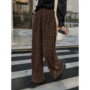 Women’s corduroy wide-leg pants, leopard print high-waisted loose fit, comfortable and stylish for spring and autumn, suitable for everyday wear—casual and fashionable bottoms GARMENTARY