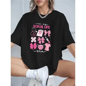 Women's Cotton T-Shirt with Cute Scrub Life Print Pink Bows Stethoscope Syringe Clipboard Bage Mask Scrubs Pattern Casual Loose Fit Comfortable Soft Tee for Nurse Medical Staff Healthcare Workers Everyday Wear walk by faith Horror Movie Sweatshirt Sweethe