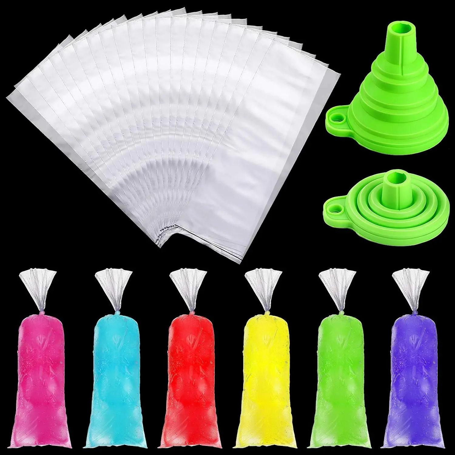 240-Piece Disposable Popsicle Bags, 3x10 Inch Plastic Ice Cream/Ice Candy Bags with Silicone Funnel for Freeze Pops/Yogurt Candy Making, Kitchen Gadgets