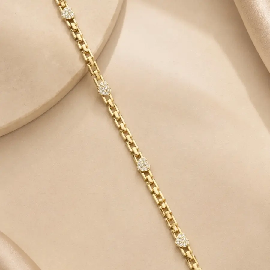 14K Gold-Plated Heart Link CZ Bracelet, 19 cm