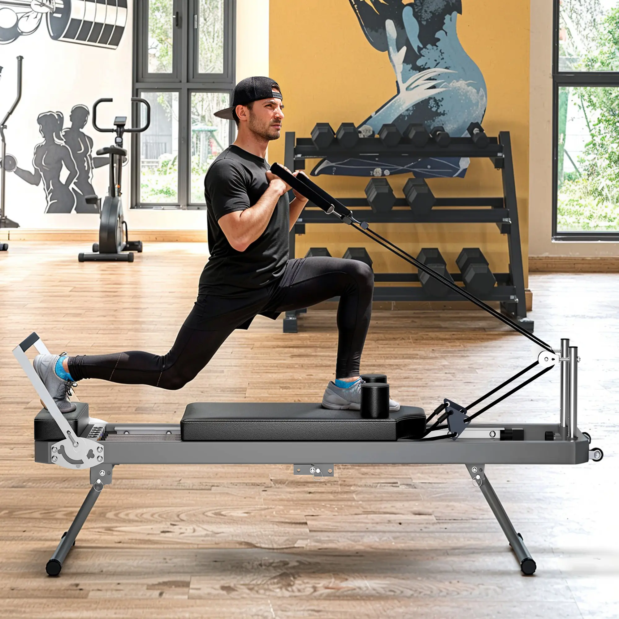 Pilates Reformer Machine for Home Gym, 395 lbs Capacity, with Resistance Cords and Aerobic Rebounder, Iron Frame, Black
