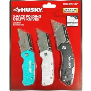 Husky 3pk Folding Utility Knives with Lock-back Textured Grip Quick-change Blade Lifetime Warranty 1013 957 641