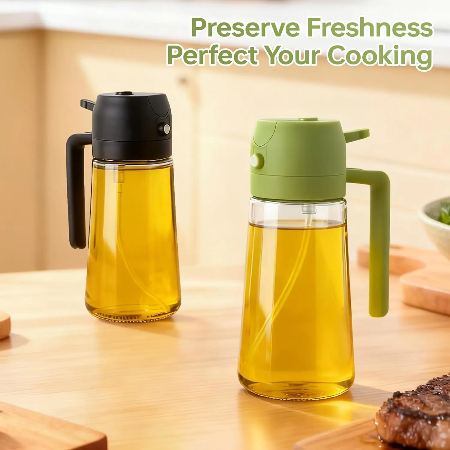 3Pack 470ml Glass Oil Sprayer 2-in-1 Dispenser | Black/Green/White | Portion Control Kitchen Gadget for Air Fryer, Salad, BBQ & Frying