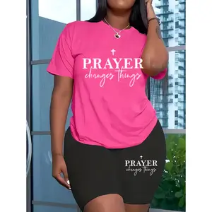 Casual Loose Fit Two Piece Letter Print Set, Short Sleeve T-shirt & Shorts, Women's Clothing