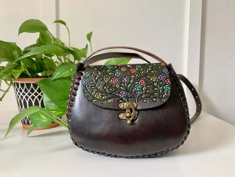 Hand-Tooled Embossed Mexican Leather Floral Purse, Handmade Leather Bag, Hand painted Artesanal Tooled Leather Handbag