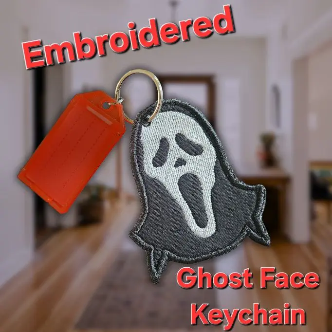 Embroidered Ghost Face Keychain - Halloween Accessory with Red Tag, Perfect for Keychains and Gifts
