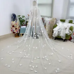 Playfully elegant bridal veil with two kinds of flowers,whimsical white floral wedding veil,minimalist and romantic veil