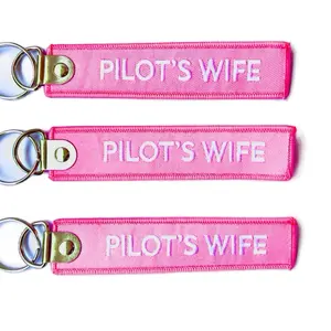 Pilot's Wife Keychain - Pink Fabric with Clear Text - Double Sided Embroidered Keyring for Flight Safety Reminder - 12. 5cm Length
