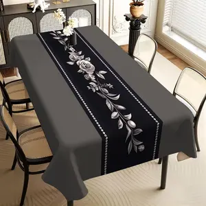 JIT 1pc 2D flat gray-black vintage pattern floral rectangular tablecloth, for kitchen, living room, and dining table, kitchen accessory, party, room & outdoor decorative tablecloth, a tablecloth gift for friends