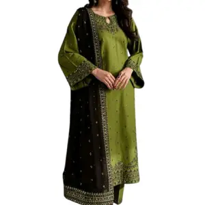 Pakistani Olive Green Linen 3PC Winter Kurta Set with Embroidered Details and Matching Dupatta Womenswear Clothes