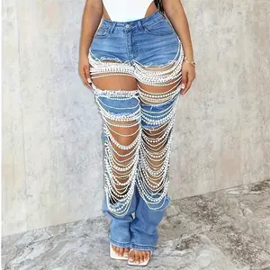 2025High-waisted washed jeans with pearl embellishments for a festive and night out vibe! Y2K Hip-Hop Glam Edgy denim with luxurious details