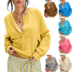 Womens Long Sleeve Knitting Sweater Tops Half Button Sweaters Henley Neckline Casual Lightweight Solid Pullover Knitting Knitting