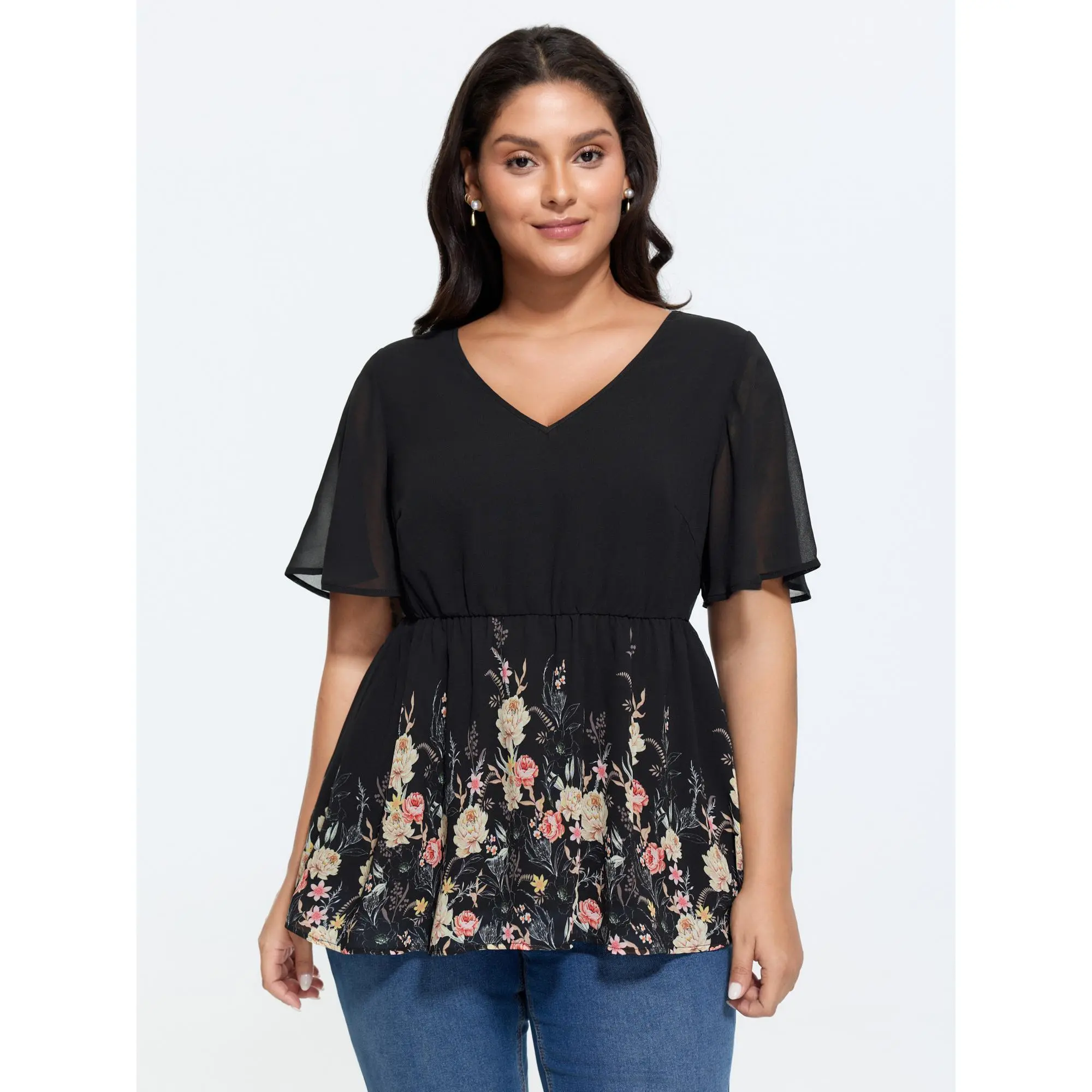 BloomChic Women's Plus Size Romantic Floral Polyester Blouse with V-Neck and Flutter Sleeves, Fit-and-Flare Top, Plussize, Shirts, Women's Clothes, Dressy Casual Tops, Fabric, Machine Wash, Lightweight, All Seasons, Curvy Clothing