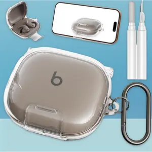 Case for Beats Powerbeats Fit 2025 Clear TPU Protective Cover Premium Metal Carabiner Cleaning Kit Shockproof Skin Clear