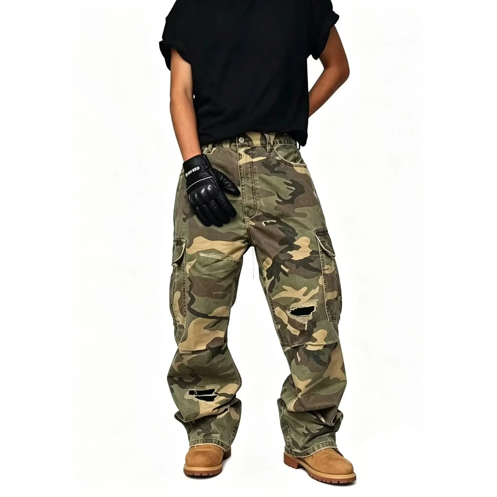 Men's Cotton Camouflage Cargo Denim Jeans - Oversized Loose Wide Leg, Ripped Distressed, Vintage Woodland Print, Street Style Patchwork, Drape Tactical Fabric, Straight Cutout, Summer Streetwear Bottoms with Pockets, Plate Storage, Top Compatibility, Carg