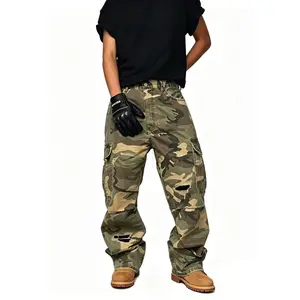 Men's Cotton Camouflage Cargo Denim Jeans - Vintage Woodland Camo, Baggy Wide Leg, Ripped Distressed, Street Style Patchwork, Tactical Fabric Cargo Pants for Summer Vibe Outfits with Top Compatibility & Plate Storage Streetwear Garment