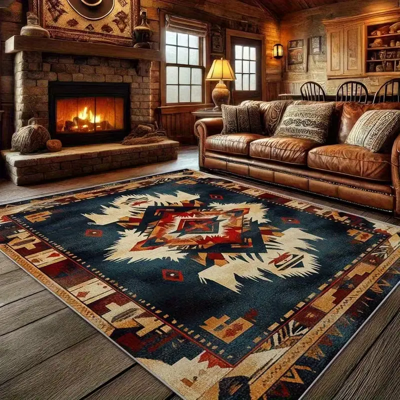 Large Indoor Area Rug, Soft Velvet Low Pile Machine Washable Southwestern Tribal Rug in Navy, Rust and Cream, Native American Inspired Floor Rug for Cabin, Living Room and Rustic Home