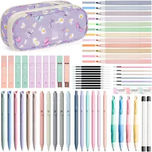 65 count Aesthetic School Supplies with Cute Pencil Case, Pastel Highlighters Gel Pens Mechanical Pencils Set 0.5 0.7 & 2.0mm, Office  to School Supplies College Essentials Kit Student Stationary Set