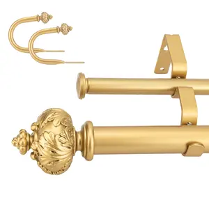christmas Dwell Smart 1" Double Curtain Rod with Albert Finials and holdbacks- 28''- 48'', 48"-84", 84"-120" (Black gold,Weathered white，Bronze gold,Gold)