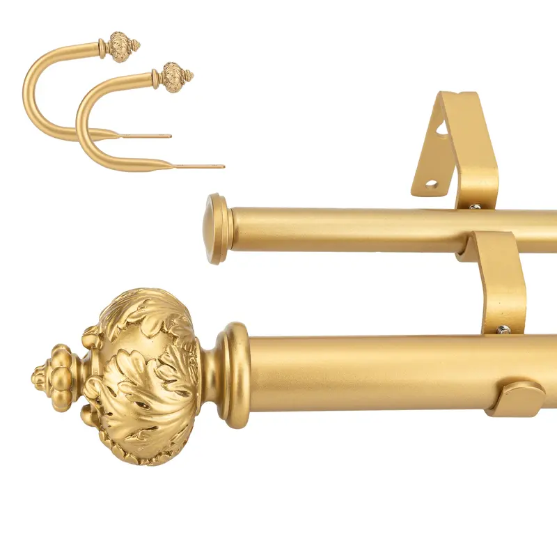 christmas Dwell Smart 1" Double Curtain Rod with Albert Finials and holdbacks- 28''- 48'', 48"-84", 84"-120" (Black gold,Weathered white，Bronze gold,Gold)