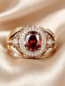 Luxurious Rose Gold Ring with Artificial Ruby, Geometric Design, Perfect for Special Occasions, Unisex Jewelry, All-Season Accessory