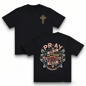Pray On It Pray Over It Pray Through It Double-Sided Tee Christian Faith Unisex Graphic T-Shirt Casual Streetwear Hoodie Top with Cross Design