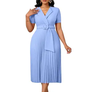Autumn Winter Clothing Sexy Short Sleeve V-Neck Elegant African Pleated Dress High Waist Midi Dress Fashionable Atmosphere Casual Elegant Style Fit Womenswear Sky Blue Belt