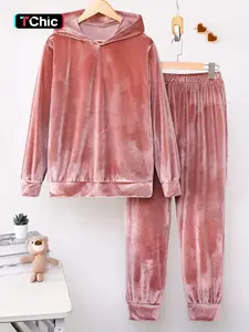 Women's Velvet Soft Hooded Long Pants Two-Piece Set, Casual Slim-Fitting Sweatpants, Fall & Winter Fashion, Plain Pattern, Womenswear