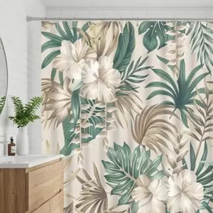 Vintage Tropical Plant Shower Curtain Set  Sage Green Palm Leaves & Floral Beige Design with Hooks – Cute Botanical Bathroom Decor for Fresh, Relaxing Home Vibes pattern bathroom decor set show modern geometric waterdrop design Black Accessory