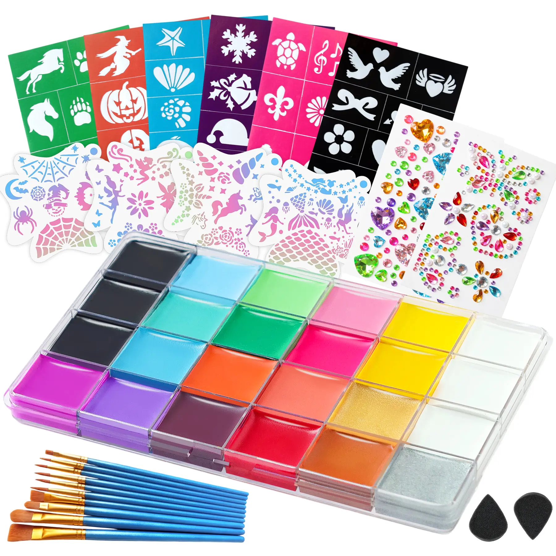 Face Paint, Face Painting Kit, Professional Face Body Paint Kit Oil Palette, 20-Color Large Black White Deep Pan Paint, for Halloween Festival Cosplay Costumes Party SFX Makeup, with Stencils, Brushes