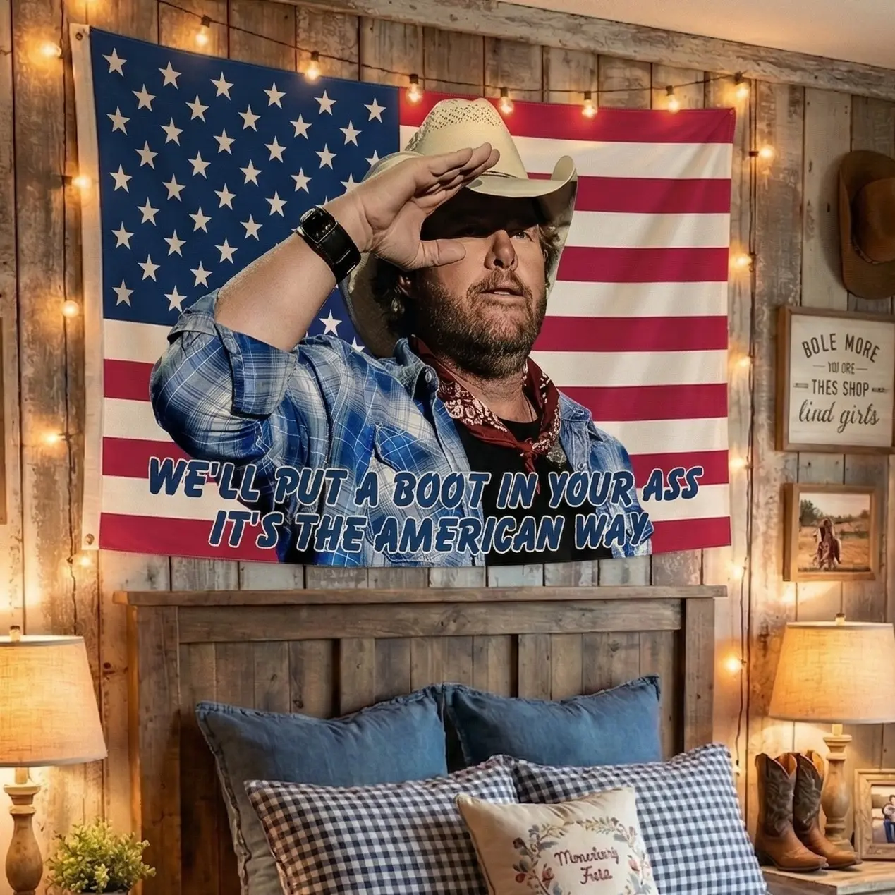 Toby 4th Tapestry ver 2, Toby Keiith We'll Put A Boot Flag, Courtesy of the Red Flags, Red White and Blue 4th Of July FLag Indoor Backdrops